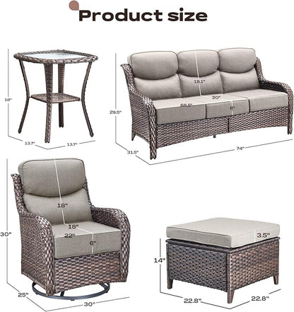 Rilyson Wicker Outdoor Patio Furniture Set - 6 Piece Patio Conversation Sets with Swivel Rocker Chairs, Ottomans, Sofa and Side Table, 6 inch Cushions, Waterproof Wicker, for Porch Deck Brown/Beige