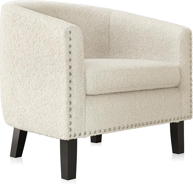 BELLEZE Living Room Chair, Upholstered Accent Chair, Barrel Club Chair with Silver Nail Head Trim & Black Legs, for Living Room Bedroom Reception Room- Kyara (White/Polyester)