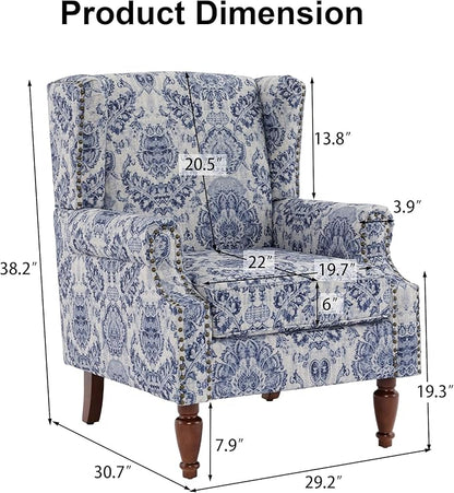 Pia Ricco High Back Floral Accent Chair - Retro Wingback Upholstered Armchair with Nailhead Trim, Solid Wood Legs, Fabric Living Room Bedroom Reading Chair (Flower Navy)