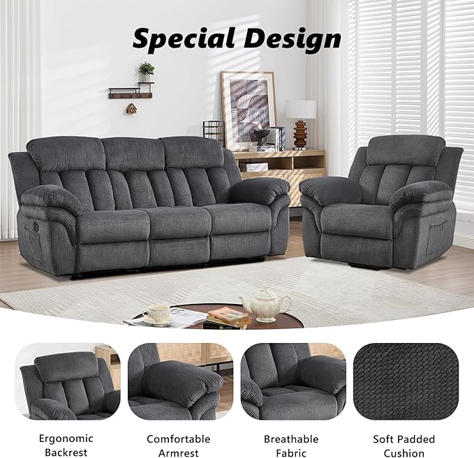 CANMOV Recliner Sofa Set, Oversize Power Lift Recliner Chair and Manual Loveseat with Overstuffed Armrest for Living Room,Bedroom Furniture,Office,1+3 Seat Grey