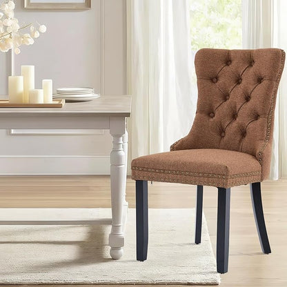 Linen Upholstered Dining Chairs Set of 4, Modern Style Kitchen Side Chairs with Nailhead Trim and Wood Leg, Metal Pulling Ring for Dining Room Living Room(Coffee,Set of 4)