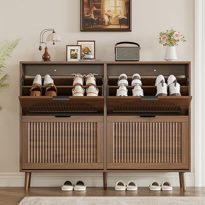 Shoe Cabinet for Entryway with 4 Flip Drawers, Slim Wooden Shoe Storage Organizer with Modern Fluted Pannel，Freestanding Narrow Hidden Shoe Rack for Hallway, Foyer, Living Room