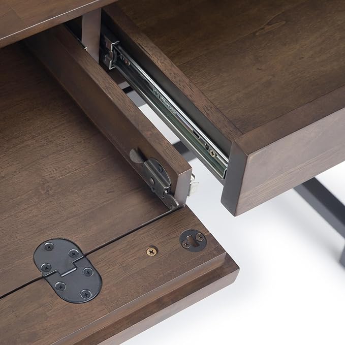 SIMPLIHOME Banting Desk - 72-Inch Wide Solid Hardwood and Metal Writing Desk in Walnut Brown, Modern Industrial Home Office Computer Table for Study with 2 Drawers and Flip-Down Keyboard Tray