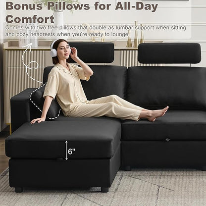 98.2" Oversized 3 Seater Storage Couch, Faux Leather Modular Sectional Sofa with Headrest & Side Pockets, Cloud Upholstered Couches Deep Seat, Sofas for Living Room Apartment Small Spaces, Black