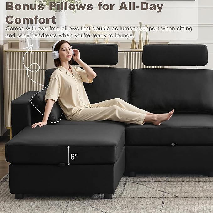 98.2" Modular Sectional Storage Couch, Oversized Faux Leather L Shaped Couch, Modern Cloud Upholstered Sofa with Headrest & Side Pocket, Sectional Sofa for Living Room Apartment Small Spaces, Black