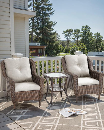 Patio Wicker Chairs Outdoor Furniture Chair - Set of 2 Outside All Weather Lawn Dining Brown Rattan Armchair with High Back&Deep Seating for Deck Porch Balcony Backyard Garden - Beige