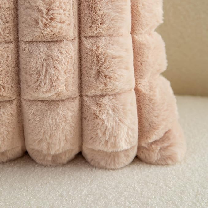Neelvin Camel Faux Fur Cozy Soft Plaid Decorative Throw Pillow Covers 12x20 inch Set of 2,Velvet Pillowcase Cushion Case for Sofa Couch
