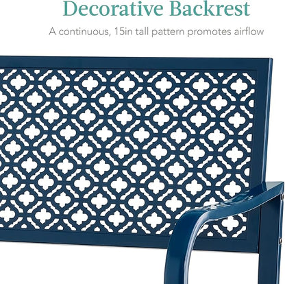 Best Choice Products Outdoor Bench 2-Person Metal Steel Benches Furniture for Garden, Patio, Porch, Entryway w/Geometric Backrest, 790lb Capacity - Peacock Blue