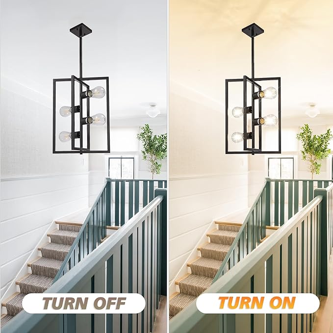 Black Chandelier Light Fixture Modern: 4-Light Farmhouse Kitchen Island Lighting, Geometric Dining Room Light Fixtures, Rustic Industrial Entryway Pendant Lights, for Living Room, Bedroom, Foyer