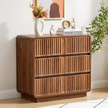 Turtle&Myrtle Fluted 3 Drawer Dressers for Bedroom, 31.5" Wide Large Mid Century Modern Nightstand W/3 Storage Drawers, Wood Dresser & Chest of Drawers with Curved Profile for Living Room (Walnut)