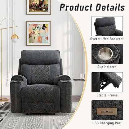 Electric Recliner Chair, Soft Fabric Power Recliners with Metal Cup Holders, Single Overstuffed Heavy Duty Reclining Sofa Chairs for Living Room Bedroom, Dark Grey
