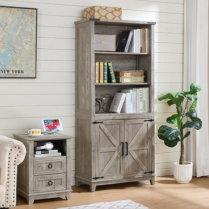 5 Tier Bookshelf 70in Tall Bookcase with Barn Doors and Storage Cabinet, Grey Farmhouse Book Shelf with Adjustable Shelves, Wood Freestanding Display Bookshelves for Bedroom, Kitchen (3 PCS)