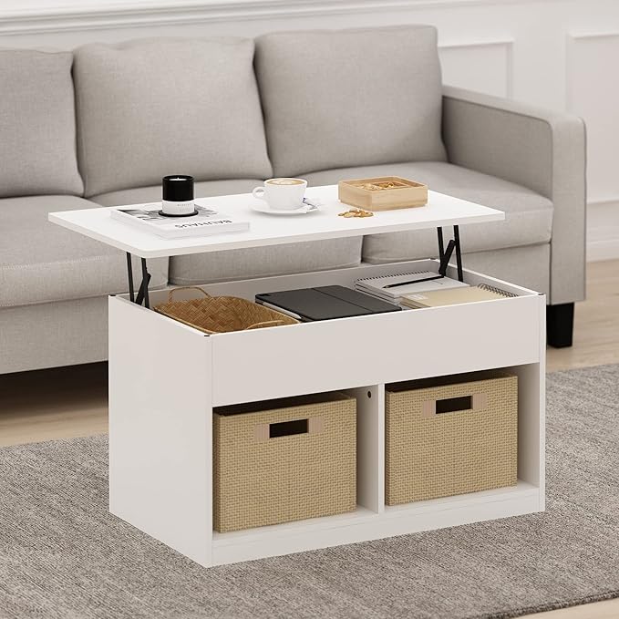 Furinno Jensen Living Room Lift Top Coffee Table with Hidden Compartment, Solid White