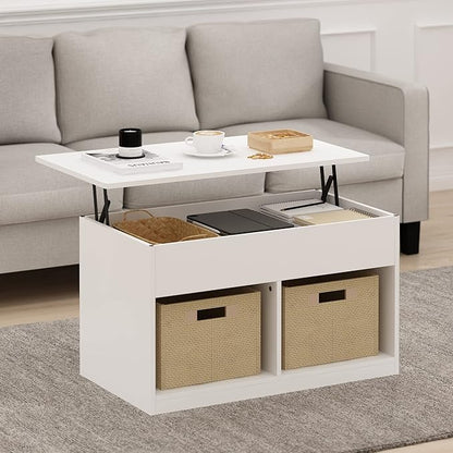 Furinno Jensen Living Room Lift Top Coffee Table with Hidden Compartment, Solid White