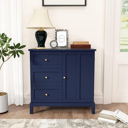 HLR Accent Cabinet with 3 Drawers and Door, Wooden Storage Cabinet with Shelves, Sideboard for Living Room, Entryway, Navy Blue