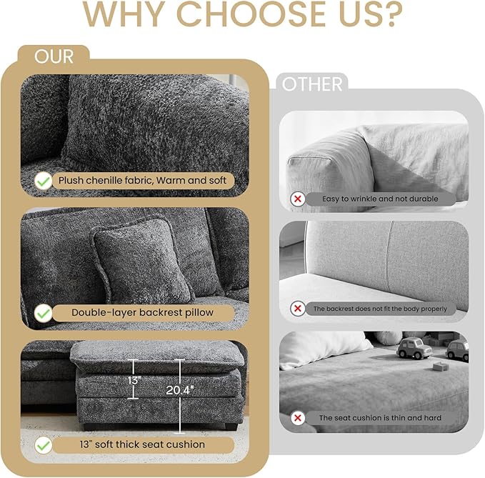112" U Shaped Modular Sectional Sofa, 3 Seater Comfy Cloud Couch with Movable Ottoman, Deep Seat Couches for Living Room, Bedroom, Apartment (Grey)