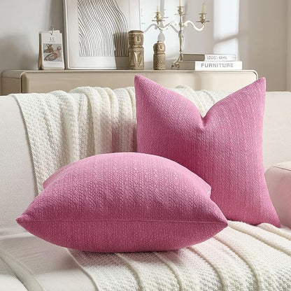 FUTEI Hot Pink Chenille Throw Pillow Covers 12x20 Inch Set of 2,Soft Striped & Diamond Textured Lumbar Pillow Cases,Modern Home Decor for Couch Living Room