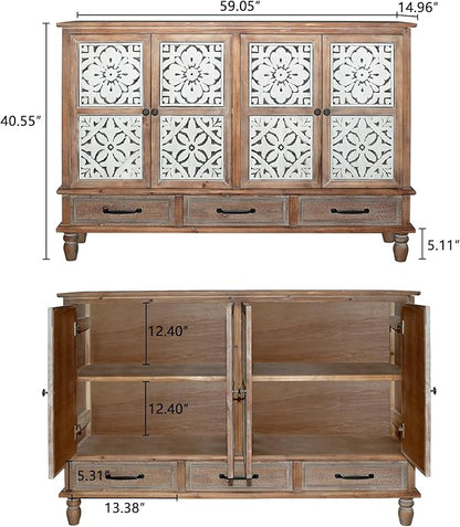 Accent Cabinet with 4 Doors & 3 Drawers, Hollow Carved Storage Sideboard, Wood Buffet Cabinet for Living Room, Dining Room, Entryway (4-Door + 3 Drawers)