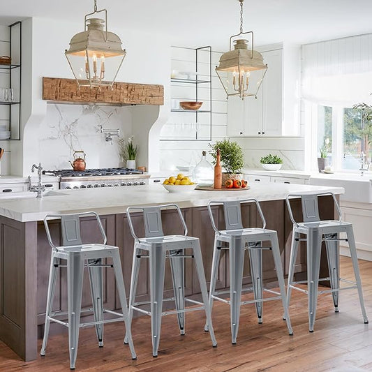HAOBO Home 26" Low Back Metal Counter Stool Height Bar Stools [Set of 4] Barstools, Silver