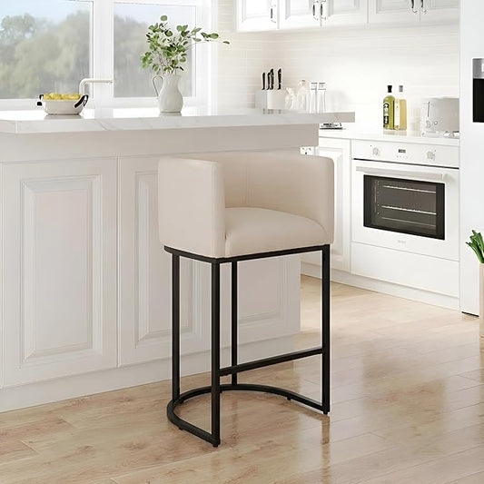 Contemporary Cream Linen Bar Stool, 29" Upholstered Fabric Counter Height Barstool Kitchen Counter Island Stool with Black Metal Base