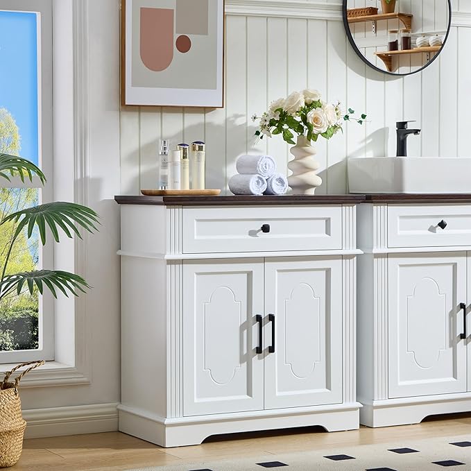 White Farmhouse Storage Cabinet with 2 Doors and 1 Drawer, Adjustable Shelf, Freestanding Kitchen Pantry Cabinet, Modern Buffet Sideboard Coffee Bar Cabinet Living Room Bathroom Dining Room