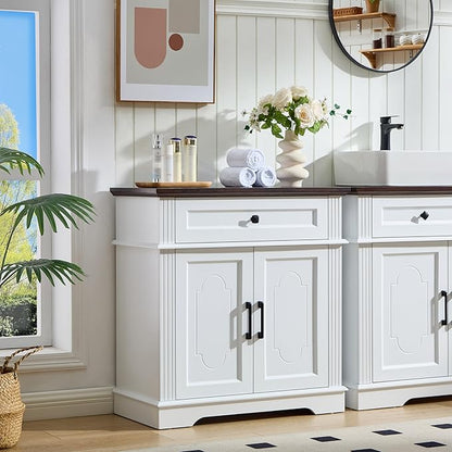 White Farmhouse Storage Cabinet with 2 Doors and 1 Drawer, Adjustable Shelf, Freestanding Kitchen Pantry Cabinet, Modern Buffet Sideboard Coffee Bar Cabinet Living Room Bathroom Dining Room