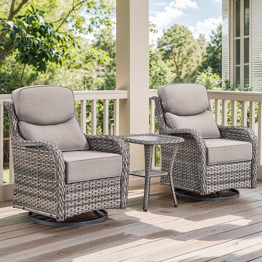HUMMUH Outdoor Patio Wicker Swivel Rocker Chairs with 6-Inch Thick Cushion High Back 3 PCS Wicker Conversation Set for Porch Balcony Deck