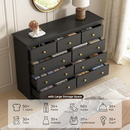 LYNSOM Modern 9 Drawer Dresser, 55.1" Wide Dressers & Chests of Drawers with Large Capacity Storage, Mid Century Black Dresser for Bedroom, Hallway, Black
