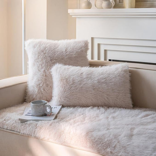 Neelvin Beige Faux Fur Cozy Fluffy Double-Sided Decorative Throw Pillow Covers 18x18 inch Set of 2,Velvet Pillowcase Cushion Case for Sofa Couch