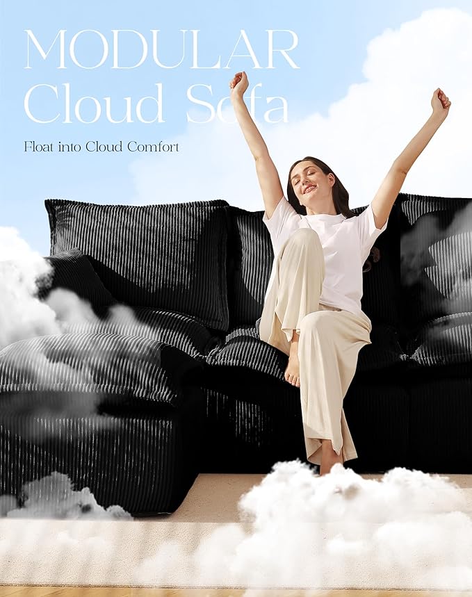 137" Comfy Cloud Couch with U-Shape Chaise & Deep Seat, Modular Sectional Sofa in a Box, Boneless Upholstered Couches for Living Room, No Assembly Required (Soft Corduroy, Black)