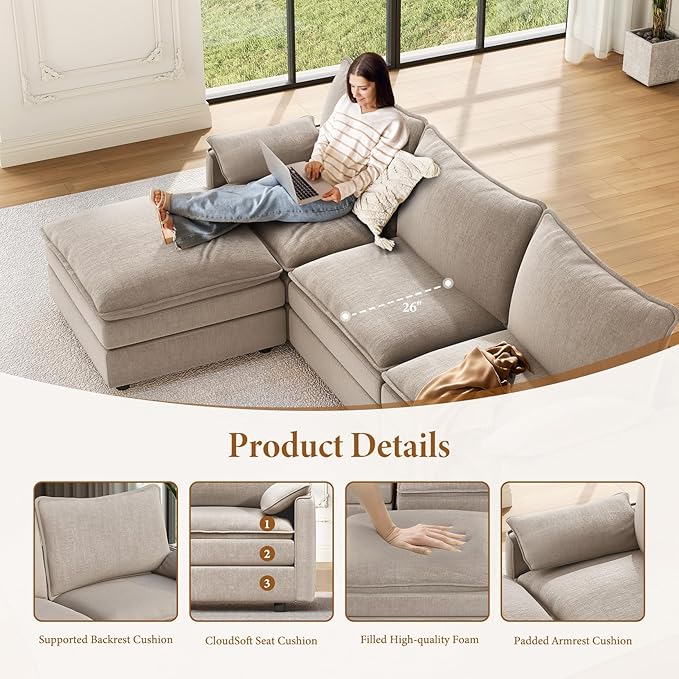 Vesgantti 142" Oversized Sectional Sofa Bed, 8-Seater Modular Sleeper Cloud Couch with Movable Ottoman, Chenille Convertible Sofa Set Deep Seat Couches for Living Room, Bedroom and Apartment, Brown