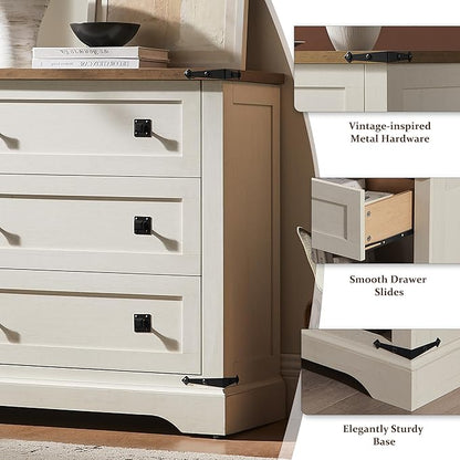 T4TREAM Farmhouse 3 Drawers Dresser for Bedroom, Rustic Wood Wide Dresser TV Stand for Living Room, Hallway, Antique White