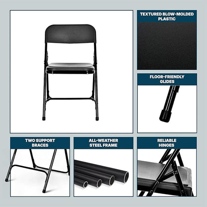 OEF Furnishings OEF800 Series Premium Heavy-Duty Plastic Folding Chairs, Lightweight, Durable Seating for Indoor and Outdoor Use, 500 lb Capacity (4-Pack, Black Plastic with Black Frame)