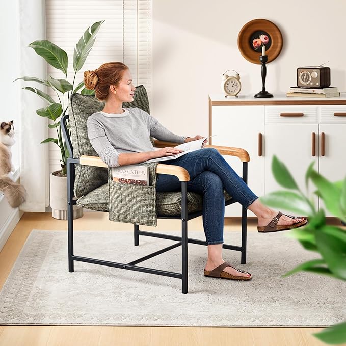 CLIPOP Modern Accent Chair, Modica Fabric Comfy Reading Chair with Wood Arms, Removable Cover, Side Pocket, Soft Cushion, Leisure Living Room Armchair for Bedroom, Home Office, Green