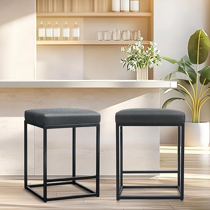 ALPHA HOME 24 Inch Counter Height Bar Stools Set of 2, Upholstered Bar Stools for Kitchen Island, Counter Stools with Faux Leather Cushion and Sturdy Metal Frame, Modern Barstools, Black