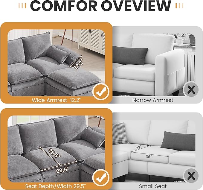 130" U Shaped Modular Sectional Sofa, Couch with Ottoman Storage, Chenille Cloud Couch with Plush Deep Seating for Living Room, Bedroom (6 Seat, Light Grey)