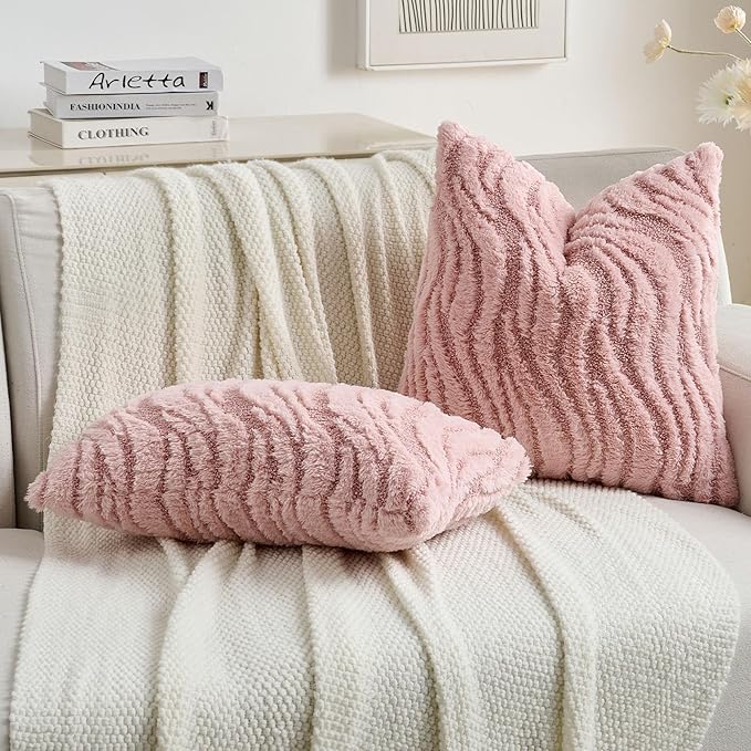 FUTEI Pink Decorative Throw Pillow Covers 16x16 Inch Set of 2,Soft Faux Fur Geometric Shapes Texture Cushion Case,Boho Home Decor for Couch Bed Living Room