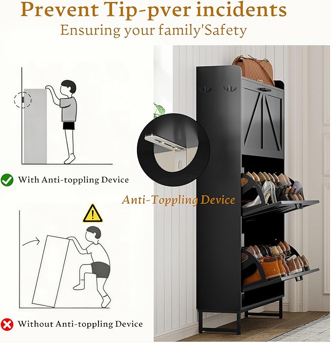 Shoe Cabinet Storage for Entryway, Shoe Storage Cabinet with 3 Flip Drawers, Freestanding Narrow Shoe Rack Organizer with Metal Legs & Side Hook for Foyer, Hallway, Black