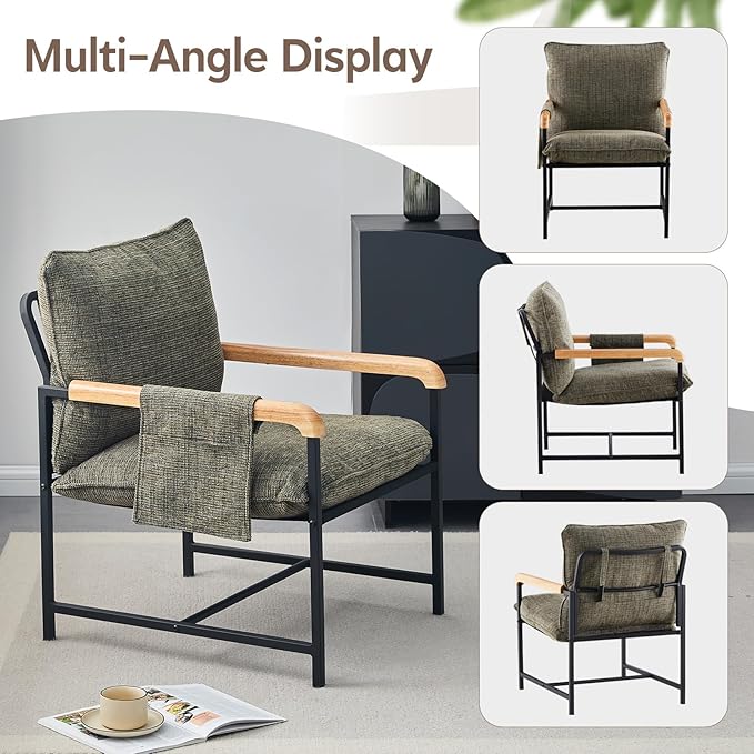 CLIPOP Modern Accent Chair, Modica Fabric Comfy Reading Chair with Wood Arms, Removable Cover, Side Pocket, Soft Cushion, Leisure Living Room Armchair for Bedroom, Home Office, Green