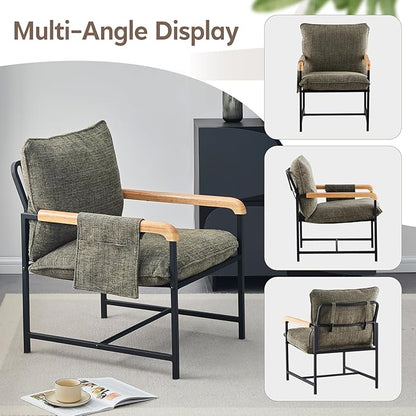 CLIPOP Modern Accent Chair, Modica Fabric Comfy Reading Chair with Wood Arms, Removable Cover, Side Pocket, Soft Cushion, Leisure Living Room Armchair for Bedroom, Home Office, Green