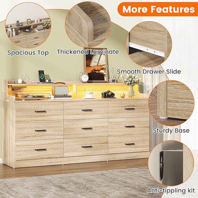 Bigbiglife 9 Drawer Dresser with Built-in Power Outlet, Mid Century Modern Chest of Drawers for Bedroom,63'' Triple Wide Dresser Storage Cabinet for Closet, Living Room, Entryway,Light Wood