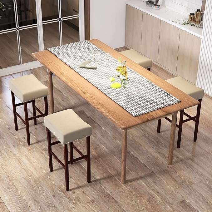 COSTWAY Counter Height Bar Stools Set of 2, 29.5-inch Backless Saddle Stools with Nailhead Trim, Footrest, Max Load 330 Lbs, Upholstered Barstools for Kitchen Island Pub, Beige
