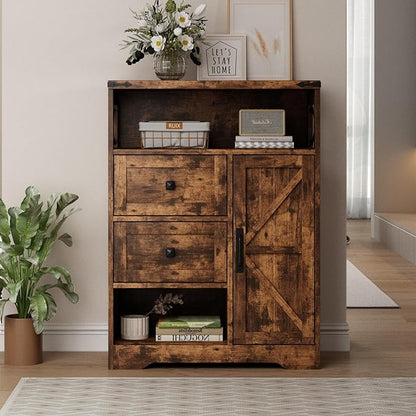 Fameill Farmhouse Storage Cabinet with 2 Drawers & Shelves,Freestanding Kitchen Cabinet with Doors,Floor Storage Organization for Living Room,Bathroom,Laundry,Brown