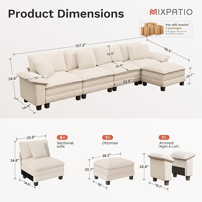 157-Inch L Shaped Sectional Sofa with Cloud Cushions, Deep Seat Modular Couch Set w/ 5 Seats & 1 Ottomans, Plush Chenille & Corduroy Upholstery for Living Room, Apartment - Beige