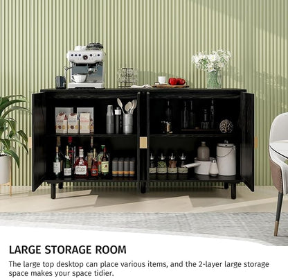 Black Sideboard Cabinet with 4 Rattan Doors, Rattan Buffet Cabinet with Adjustable Shelves & Pine Legs, Boho Sideboard Buffet for Living Room, Kitchen, Entryway, Black