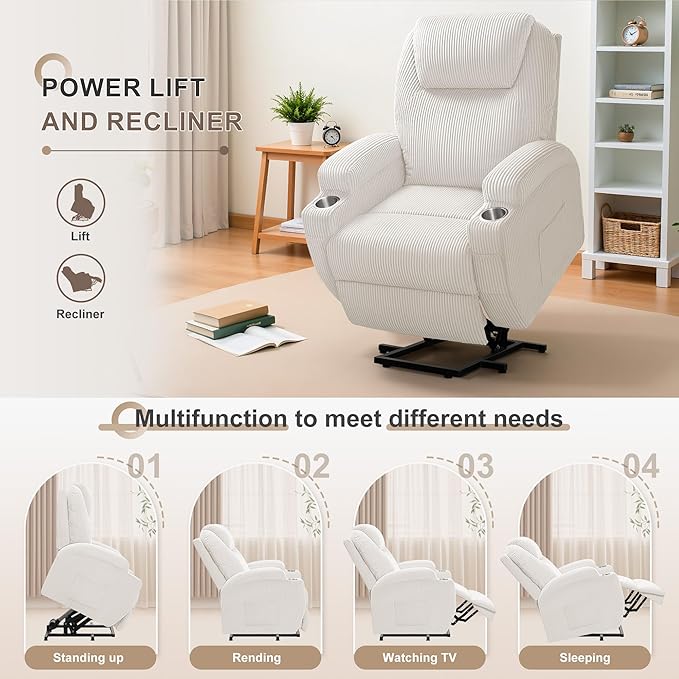 Flamaker Power Lift Recliner Chair Electric Lift Recliner for Elderly Power Lift Recliner Chair with Cup Holders Side Pockets for Living Room (Corduroy, Beige)