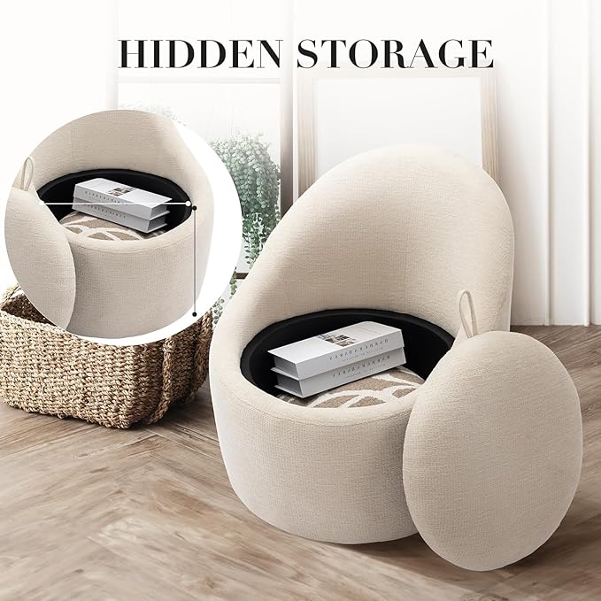 360° Swivel Accent Chair, Mid-Century Modern Chair with Hidden Storge, Small Swivel Chair with Arms for Living Room/Office-Beige
