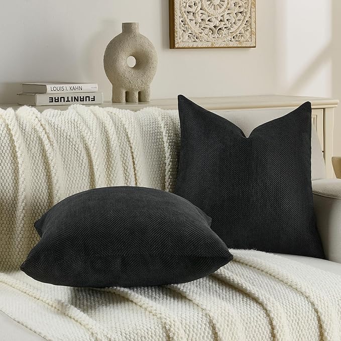 FUTEI Black Chenille Throw Pillow Covers 16x16 Inch Set of 2,Soft Wide Chevron Textured Cushion Case,Farmhouse Home Decor for Couch Bed Living Room