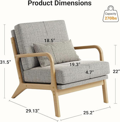 Claiks Mid-Century Modern Accent Chair, Living Room Armchair with Solid Wood Frame & Lumbar Pillow, Comfy Upholstered Lounge Chair for Bedroom, Office, Linen-Like Fabric, Dark Gray