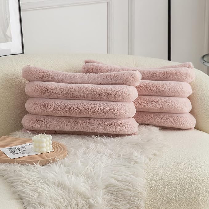 Neelvin Pink Faux Fur Cozy Soft Striped Decorative Throw Pillow Covers 12x20 inch Set of 2,Velvet Pillowcase Cushion Case for Sofa Couch